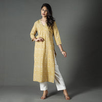 Yellow - Pipad Block Printed Cotton Long Kurta