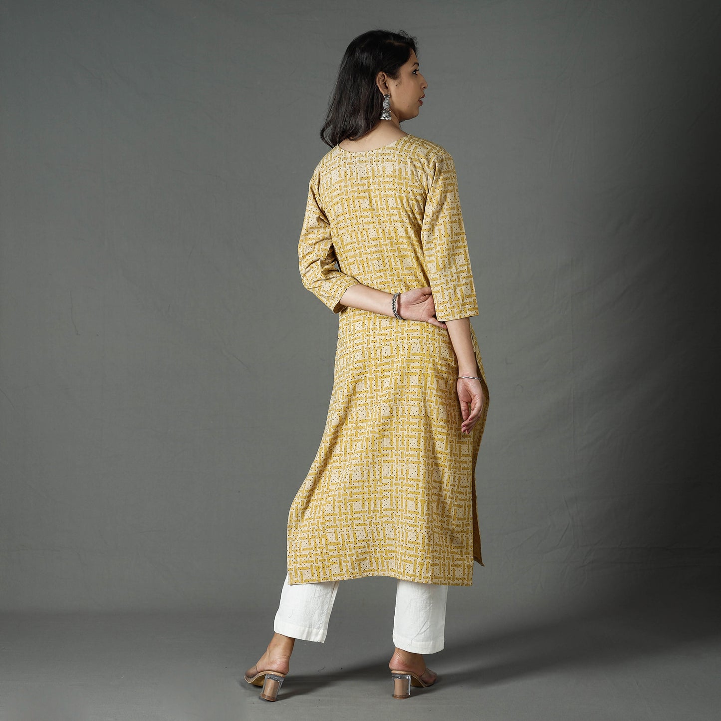 Yellow - Pipad Block Printed Cotton Long Kurta