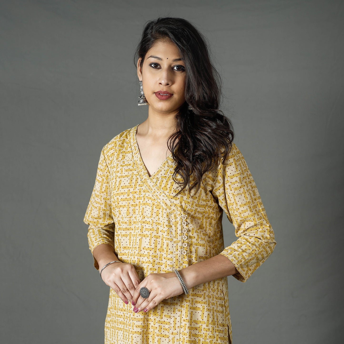 Yellow - Pipad Block Printed Cotton Long Kurta