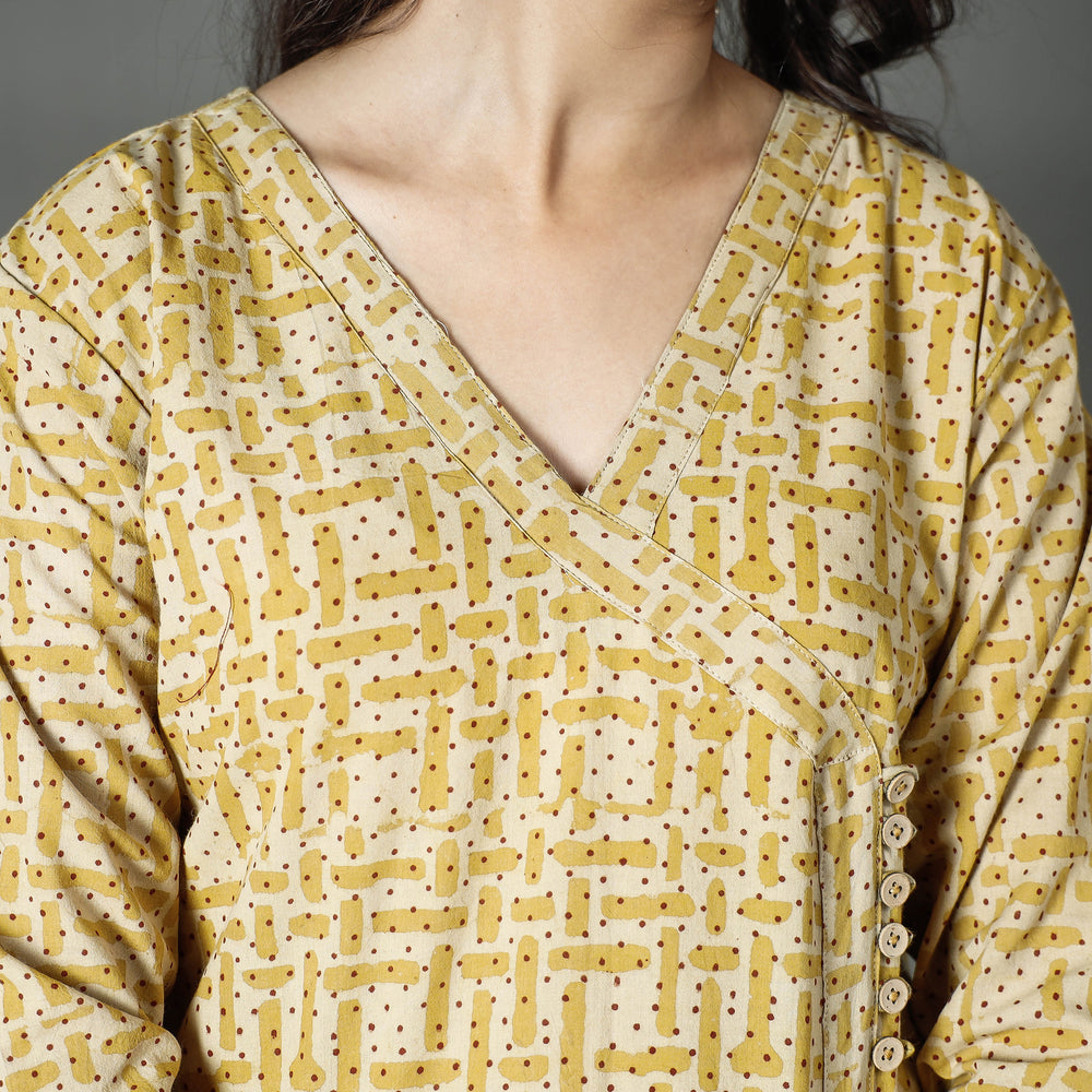 Yellow - Pipad Block Printed Cotton Long Kurta