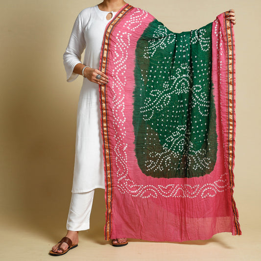 Green - Kutch Bandhani Tie-Dye Cotton Dupatta with Border