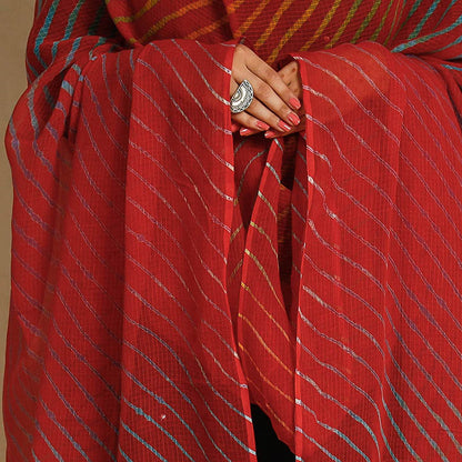 Red - Leheriya Tie-Dye Kota Doria Cotton Dupatta with Tassels 07