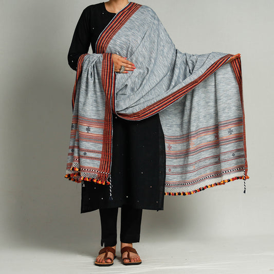 Grey - Kutch Bhujodi Weaving Handloom Fine Cotton Dupatta with Tassels