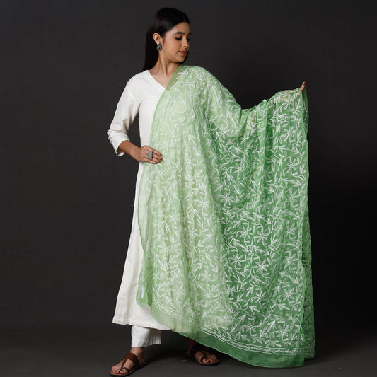Green - Lucknow Chikankari Tepchi Embroidery Georgette Dupatta