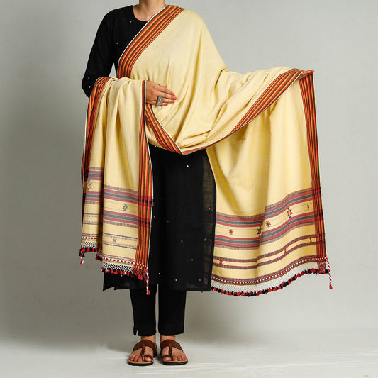 Yellow - Kutch Bhujodi Weaving Handloom Fine Cotton Dupatta with Tassels