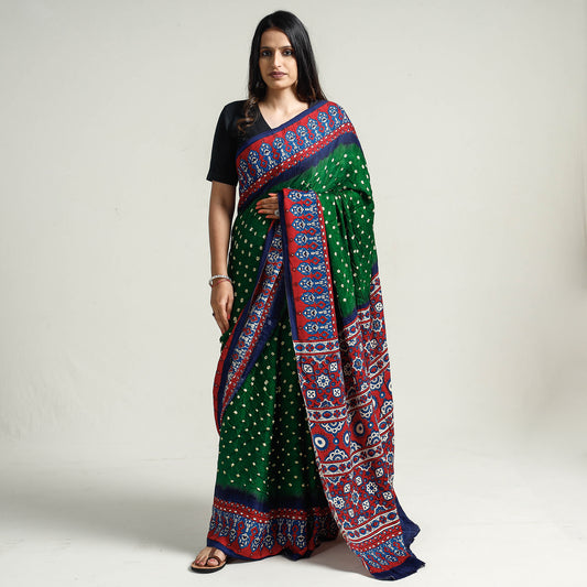 Green - Kutch Bandhani Tie-Dye Ajrakh Block Printed Pure Modal Silk Saree