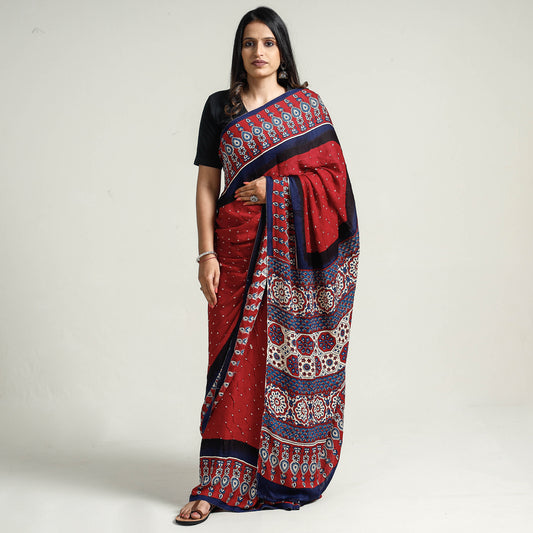 Red - Kutch Bandhani Tie-Dye Ajrakh Block Printed Pure Modal Silk Saree