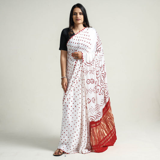 White - Kutch Bandhani Tie-Dye Pure Modal Silk Saree