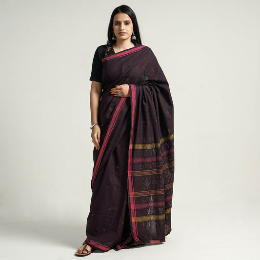 Brown - Tangaliya Weaving Handloom Cotton Saree with Tassels