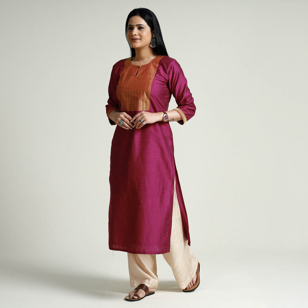 Mexican Pink - Plain Silk Long Straight Kurta