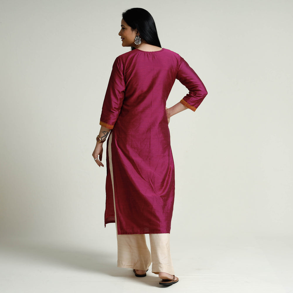 Mexican Pink - Plain Silk Long Straight Kurta