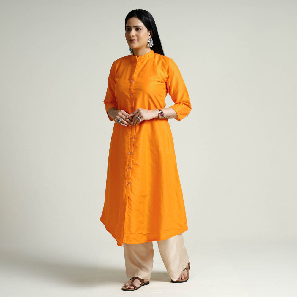 Bright Yellow - Plain Silk A-Line Long Kurta