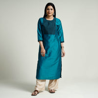 Blue - Plain Silk Long Straight Kurta