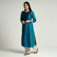 Blue - Plain Silk Long Straight Kurta