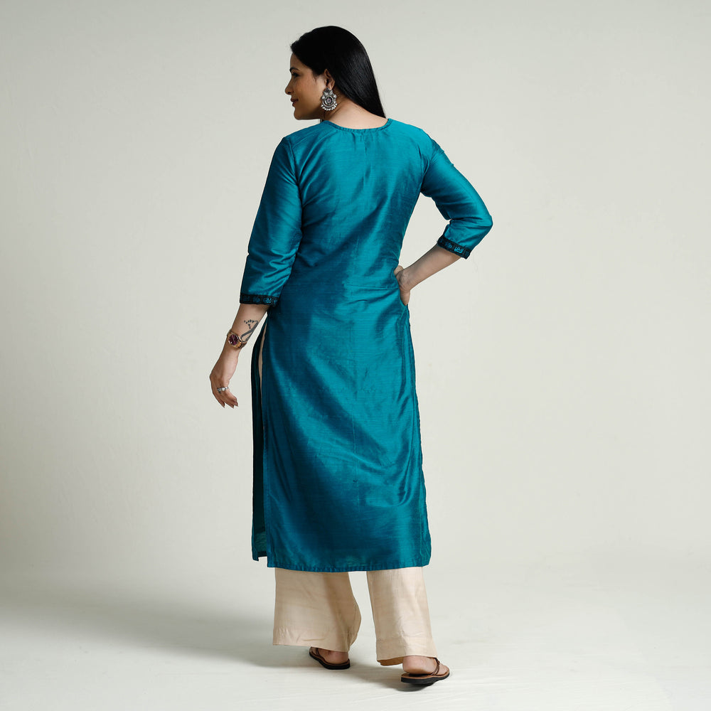 Blue - Plain Silk Long Straight Kurta