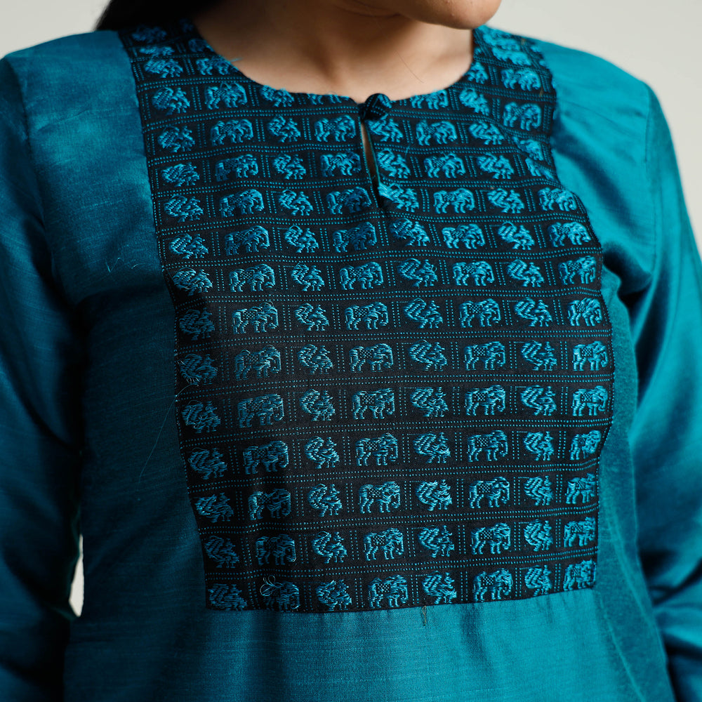 Blue - Plain Silk Long Straight Kurta