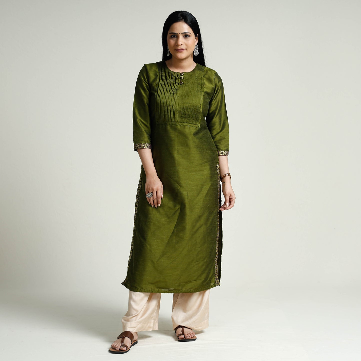 Dark Olive Green - Plain Silk Pintuck Long Kurta