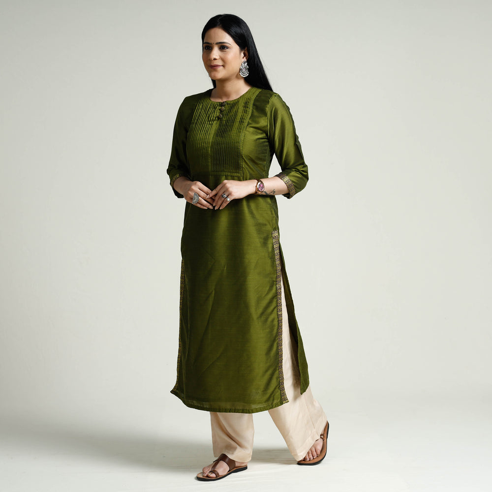 Dark Olive Green - Plain Silk Pintuck Long Kurta