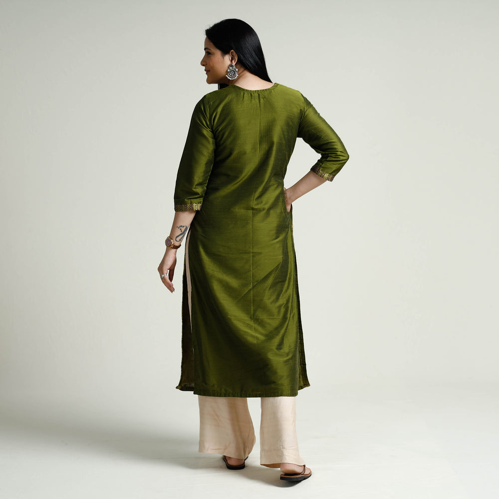 Dark Olive Green - Plain Silk Pintuck Long Kurta