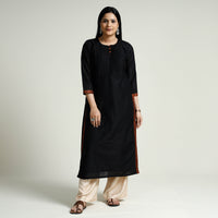 Black - Plain Silk Pintuck Long Straight Kurta