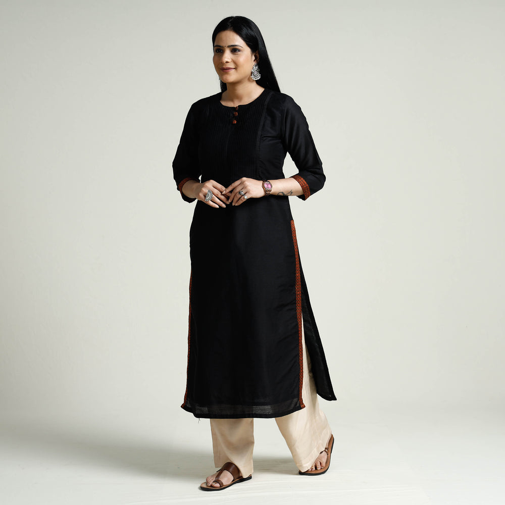 Black - Plain Silk Pintuck Long Straight Kurta