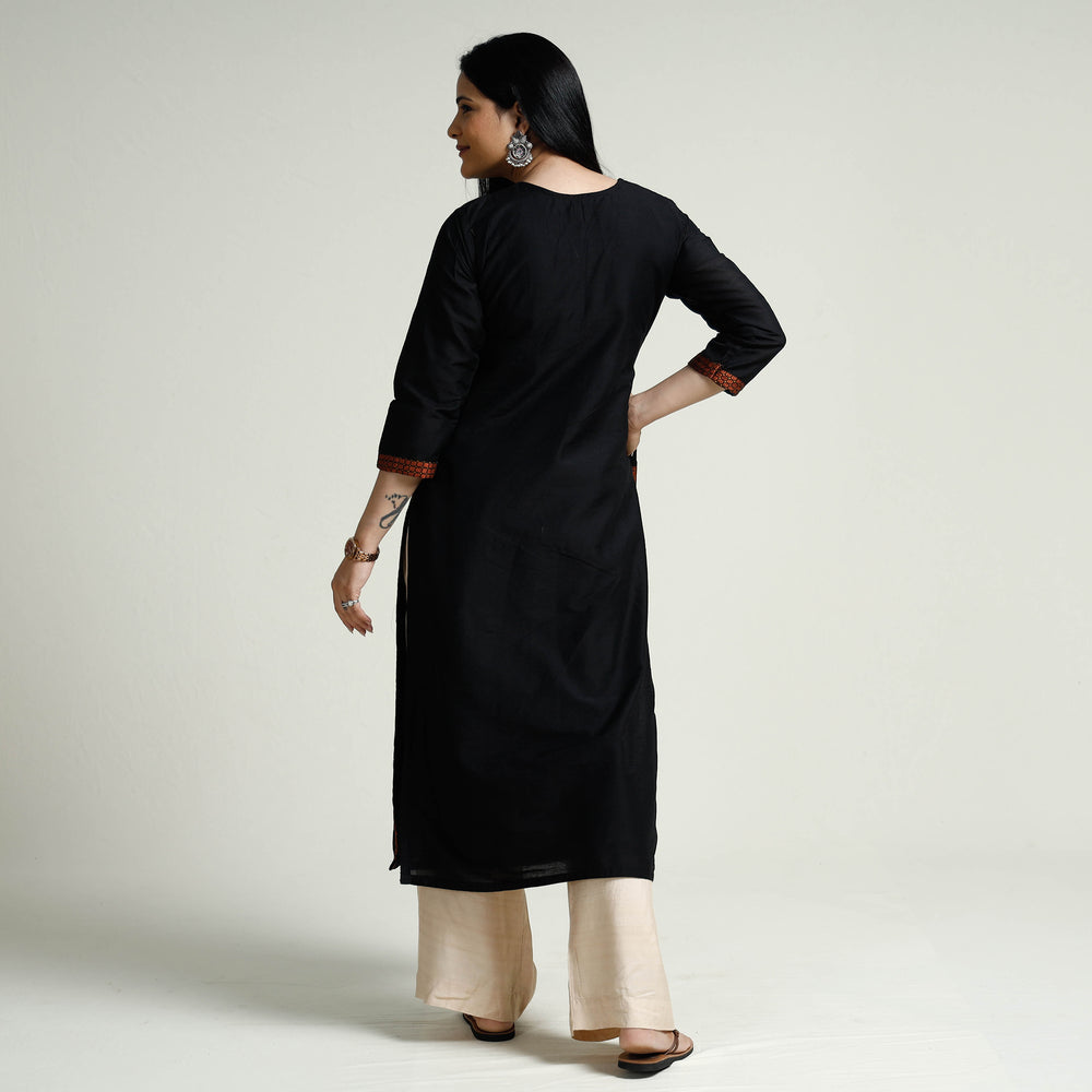 Black - Plain Silk Pintuck Long Straight Kurta