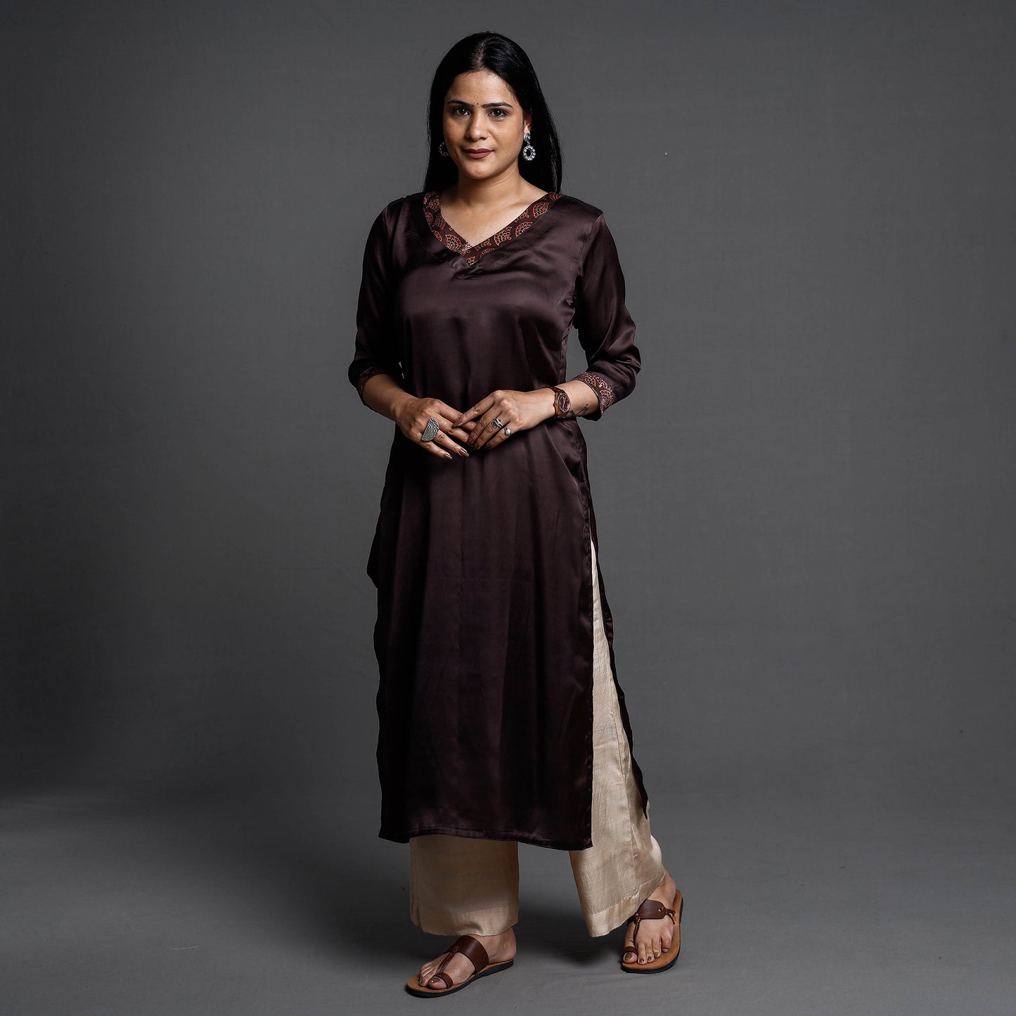 Dark Brown - Modal Silk Plain Long Straight Kurta