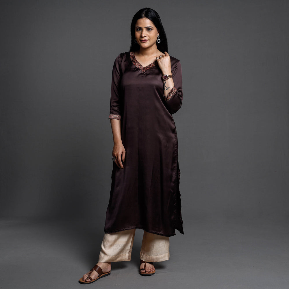 Dark Brown - Modal Silk Plain Long Straight Kurta