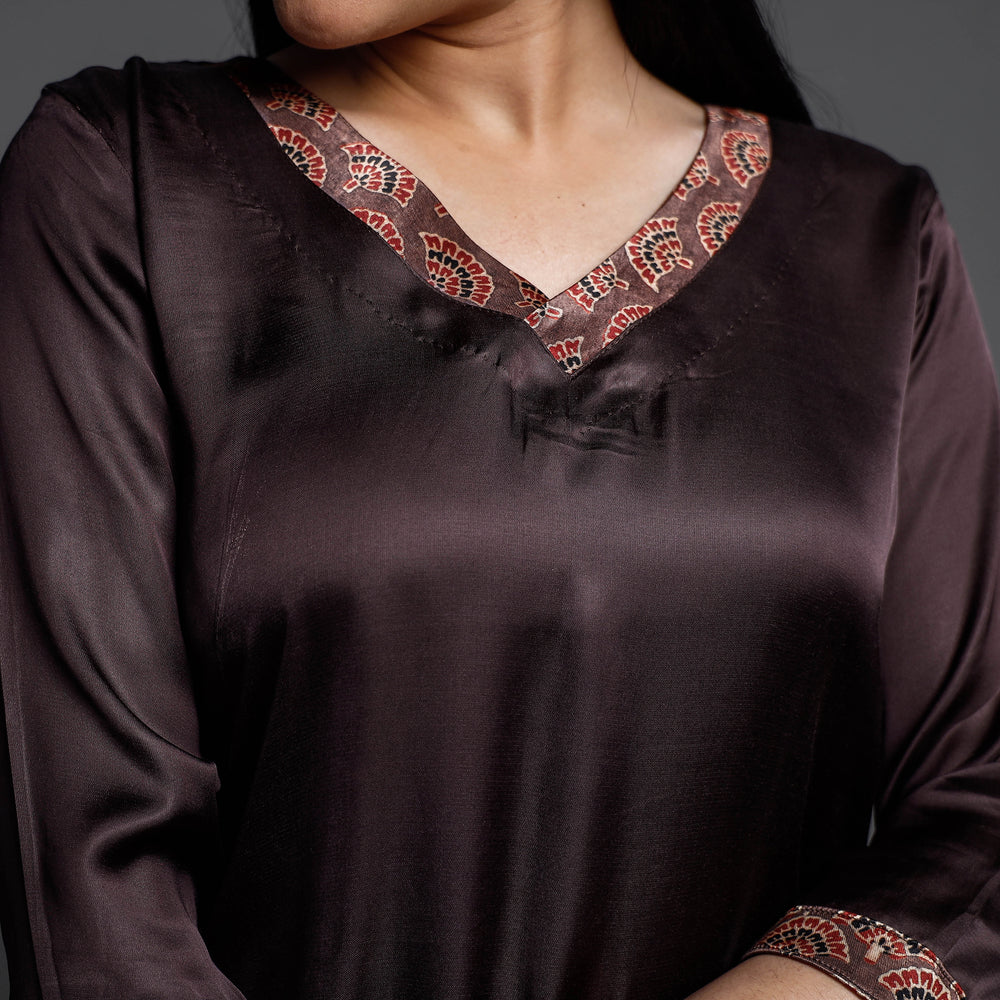 Dark Brown - Modal Silk Plain Long Straight Kurta