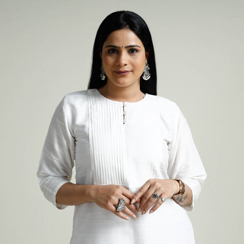 White - Plain Silk Pintuck Long Straight Kurta