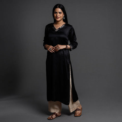 Black Modal Silk Plain Long Kurta