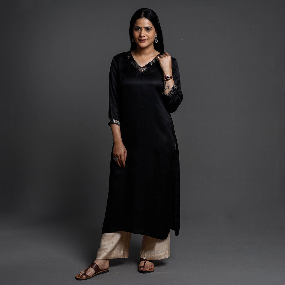 Black Modal Silk Plain Long Kurta