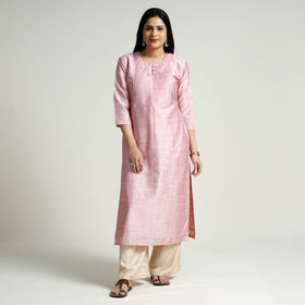 Baby Pink - Plain Silk Pintuck Long Kurta