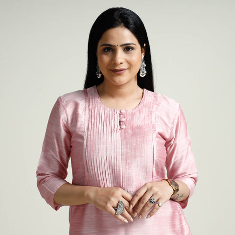 Baby Pink - Plain Silk Pintuck Long Kurta