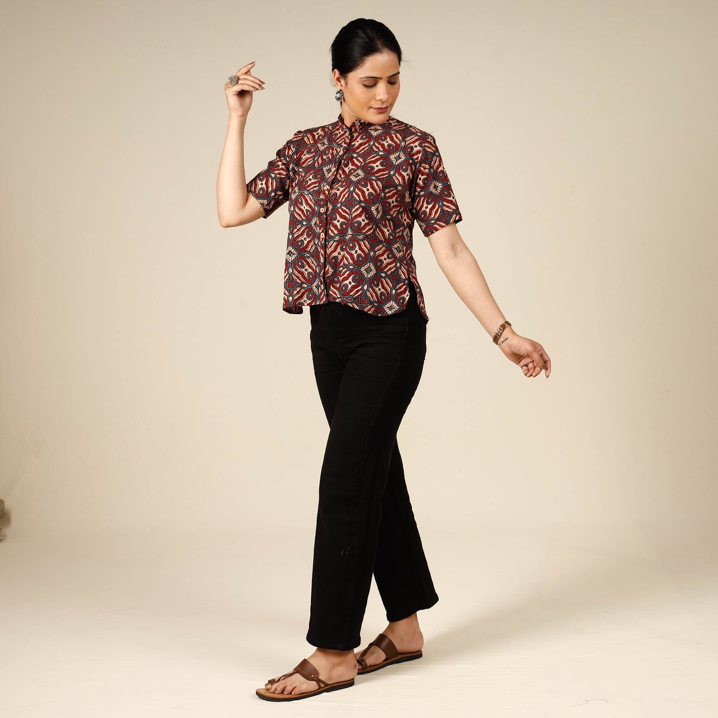 Multicolor - Red - Ajrakh Block Printed Half Sleeve Cotton Crop Top
