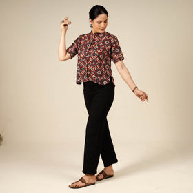 Multicolor - Red - Ajrakh Block Printed Half Sleeve Cotton Crop Top