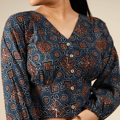 Blue - Ajrakh Block Printed Full Sleeve Cotton Crop Top