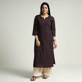 Black Block Print Cotton Straight Bagh Kurta for Women