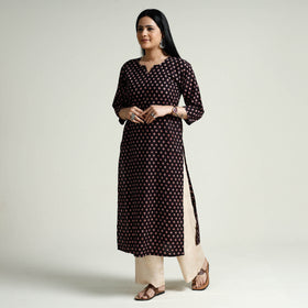 Black Block Print Cotton Straight Bagh Kurta for Women