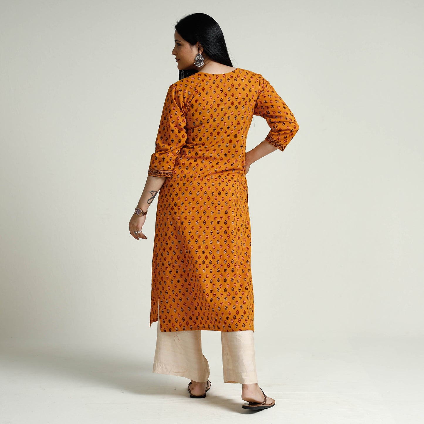 Orange - Bagh Block Printing Cotton Long Kurti