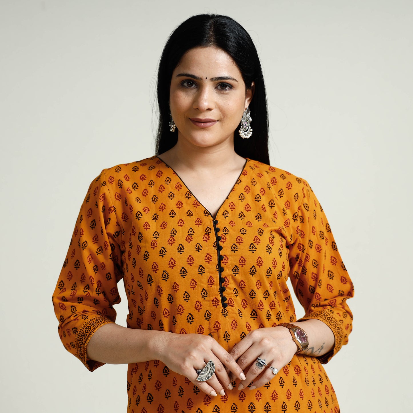 Orange - Bagh Block Printing Cotton Long Kurti