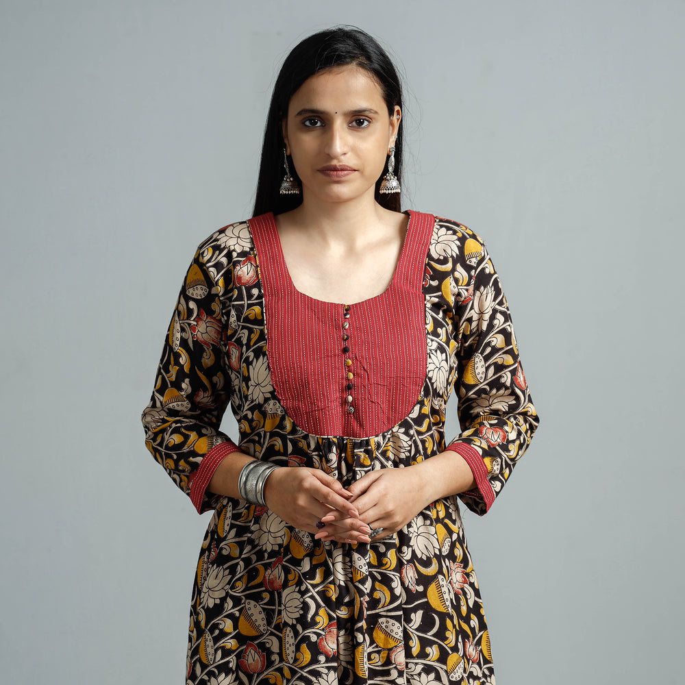 Black - Kalamkari Printed Cotton Flared Kurta