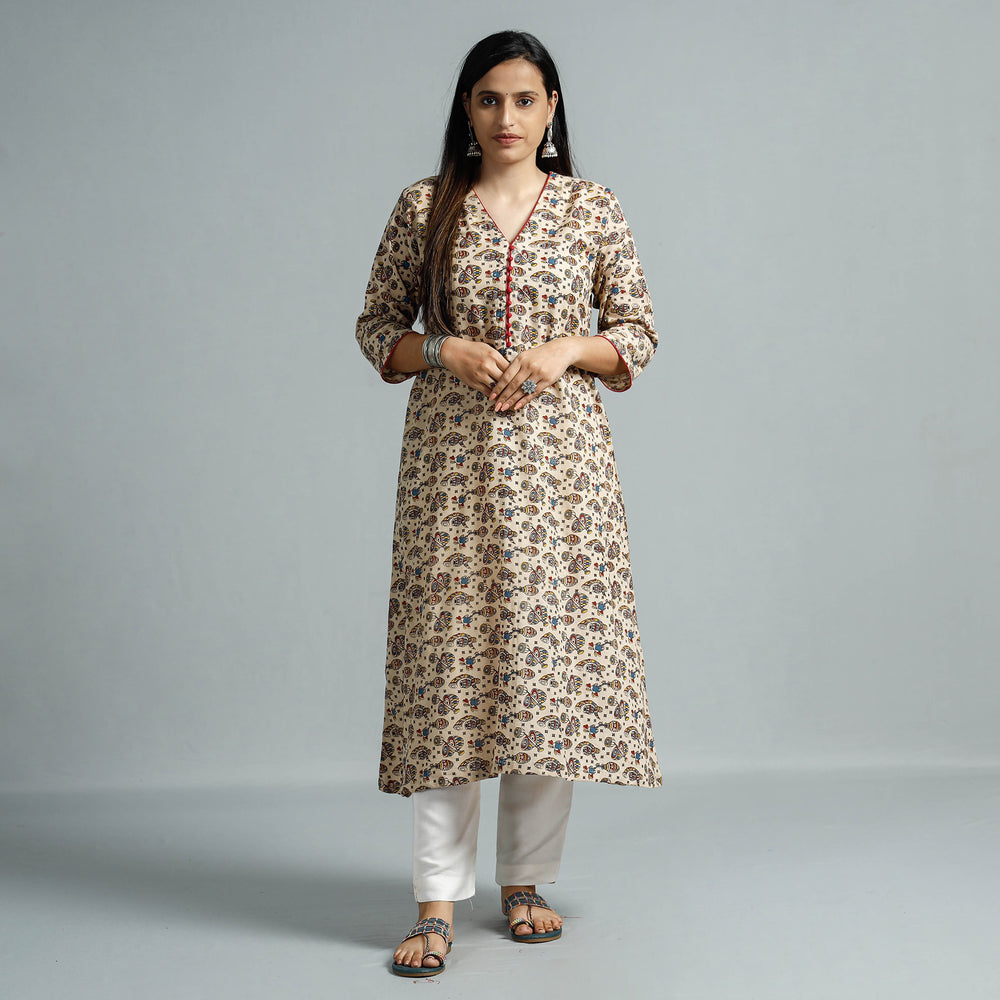 Beige - Kalamkari Printed Cotton Flared Kurta