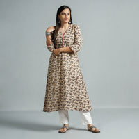 Beige - Kalamkari Printed Cotton Flared Kurta