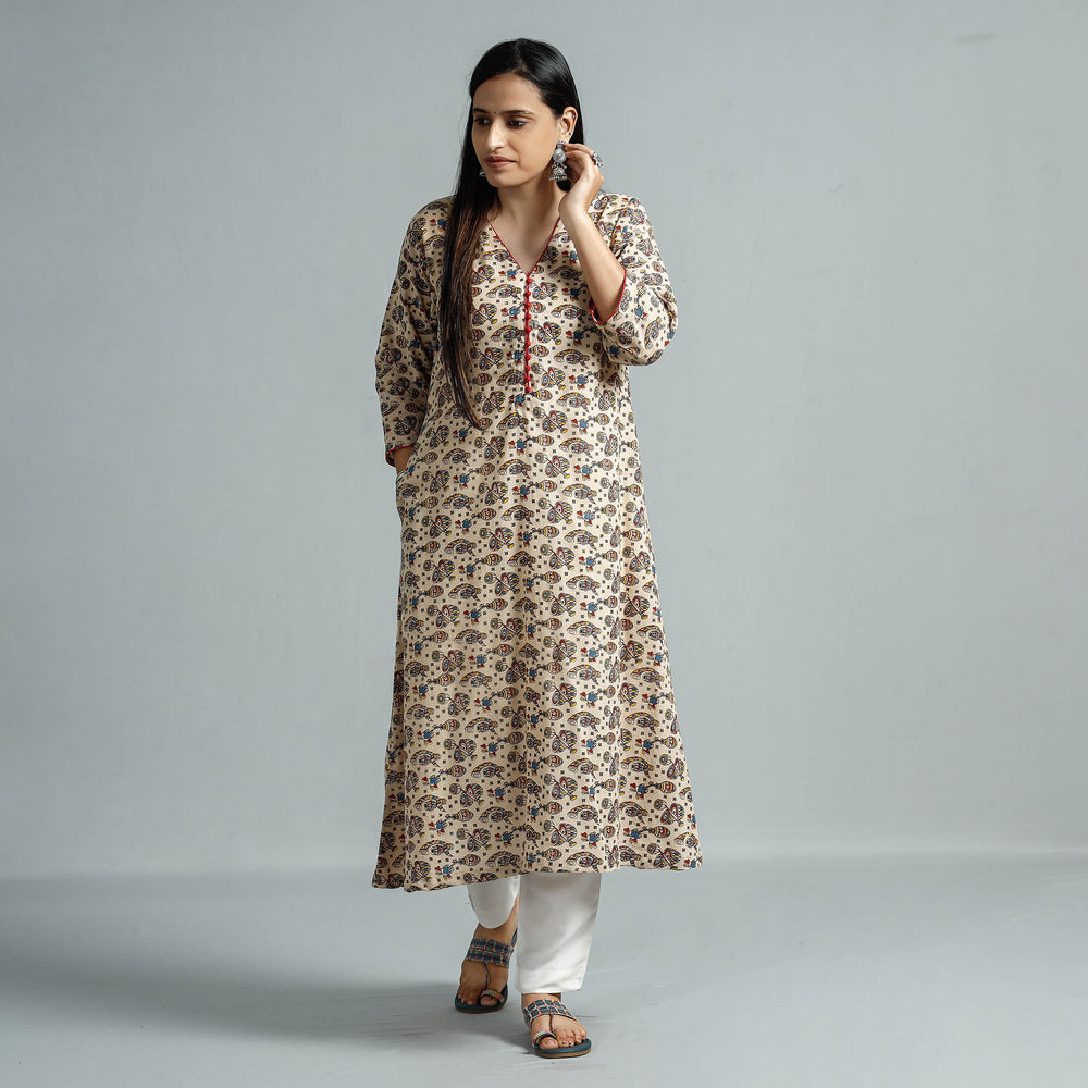 Beige - Kalamkari Printed Cotton Flared Kurta