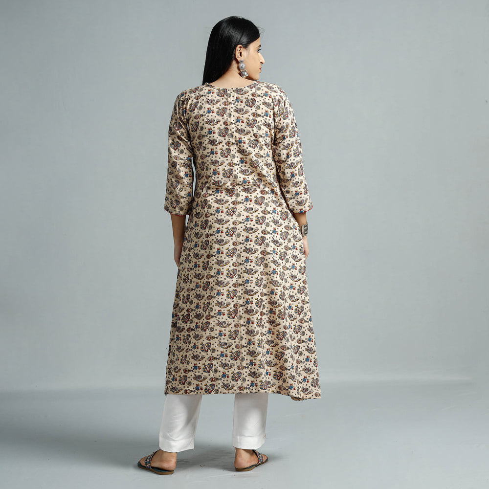 Beige - Kalamkari Printed Cotton Flared Kurta