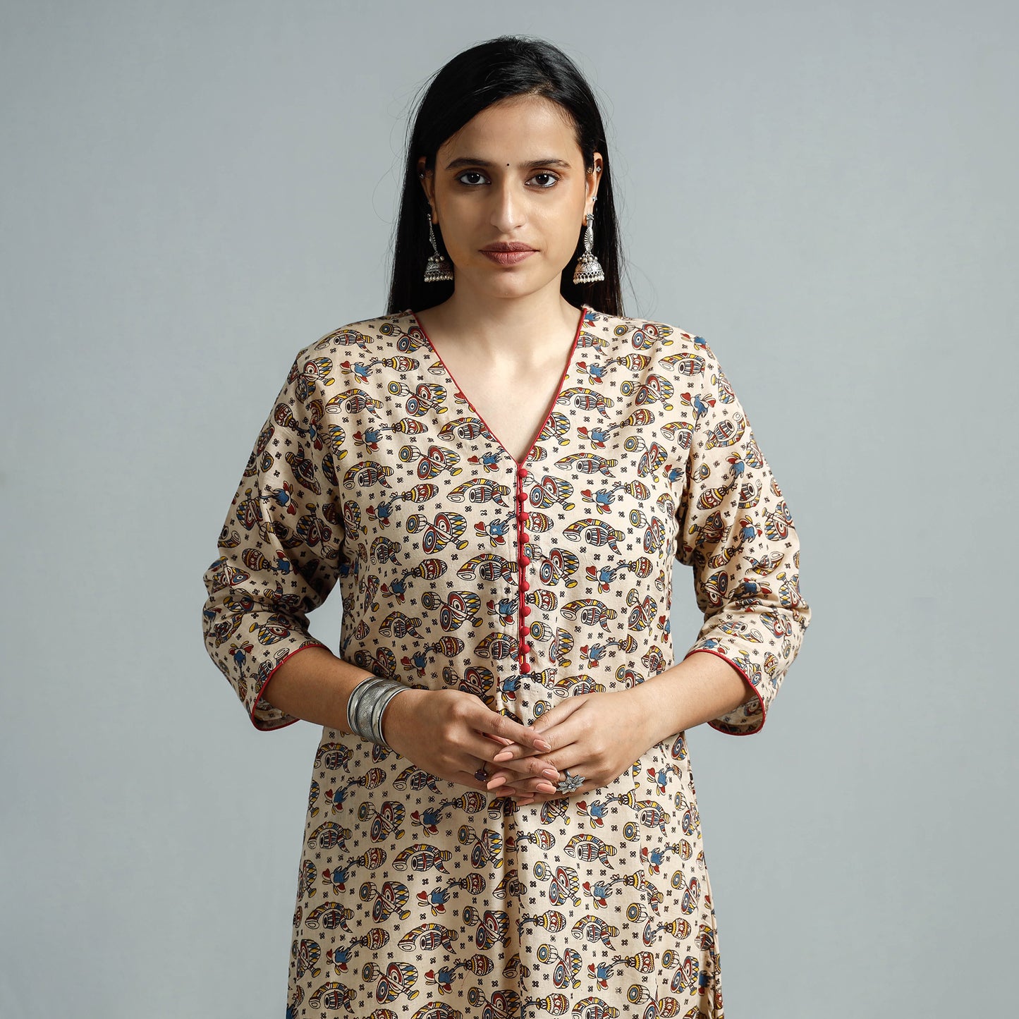 Beige - Kalamkari Printed Cotton Flared Kurta