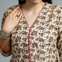 Beige - Kalamkari Printed Cotton Flared Kurta