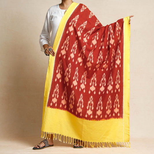 Red - Pochampally Ikat Handloom Cotton Dupatta with Tassels