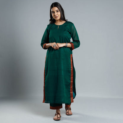 Dark Green - Dharwad Cotton Kurta with Palazzo & Dupatta Set